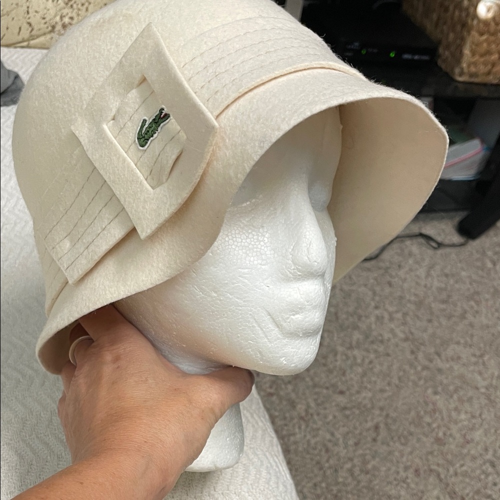 Lacoste wool cashmere Cream buckle base Cloche Hat with Logo Accent